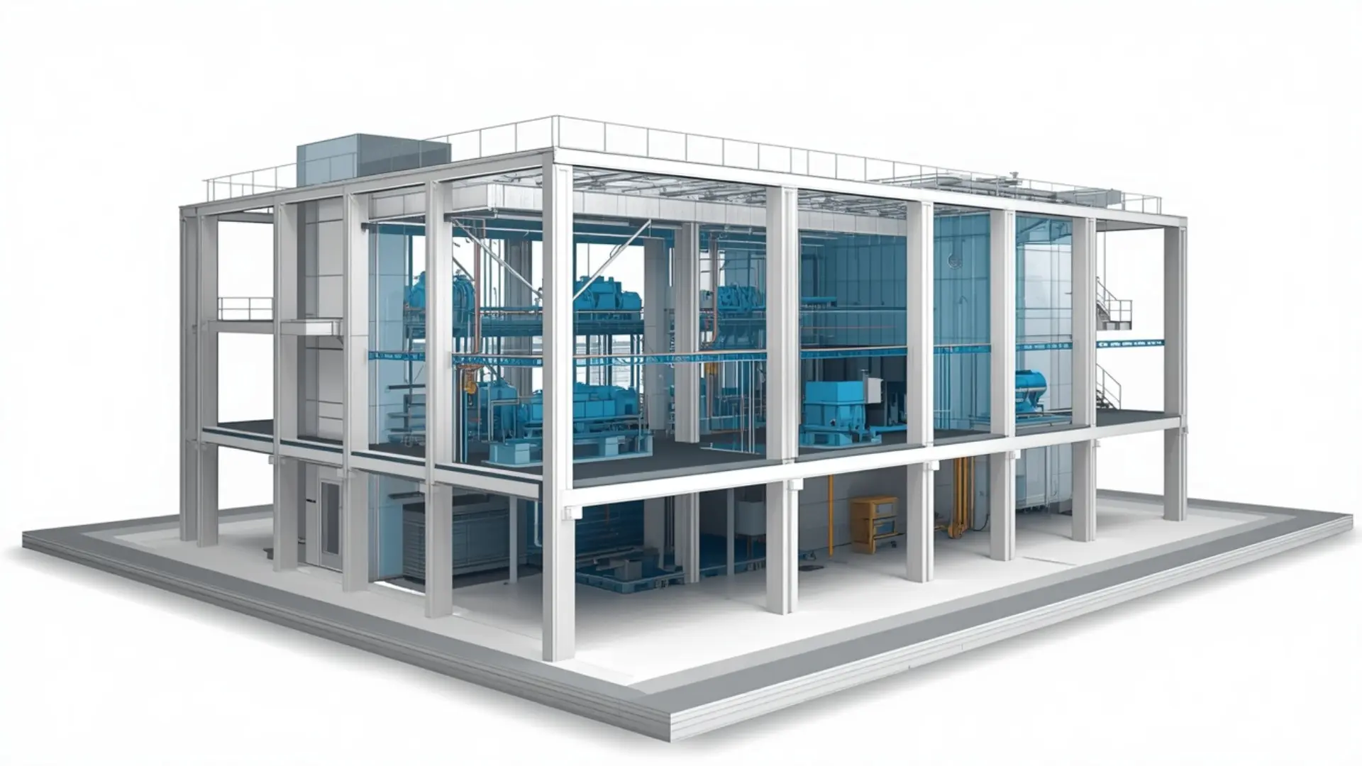 3D MEP BIM coordination model showing integrated mechanical systems and structural framing for a commercial building