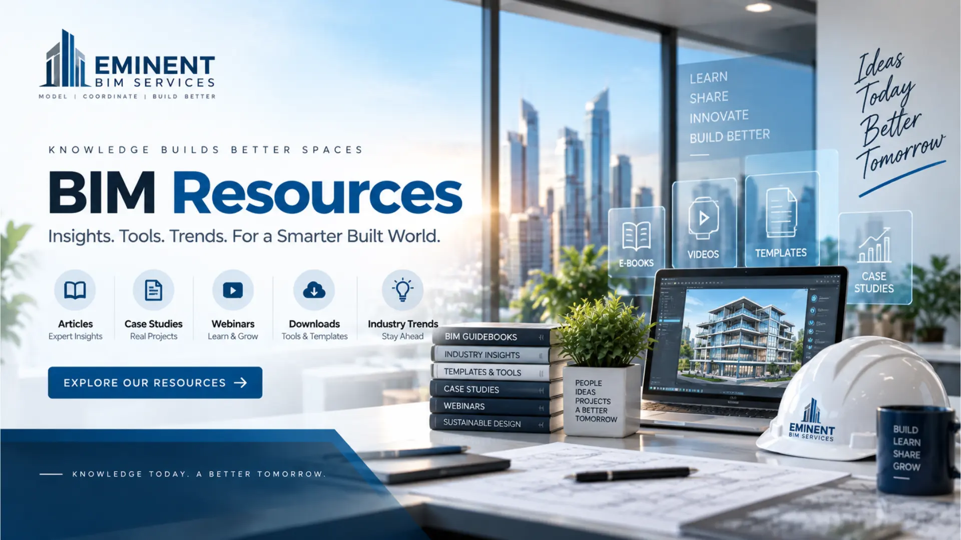 Eminent BIM Services resources page banner featuring BIM guidebooks, laptop with 3D model, hard hat, and construction planning tools.