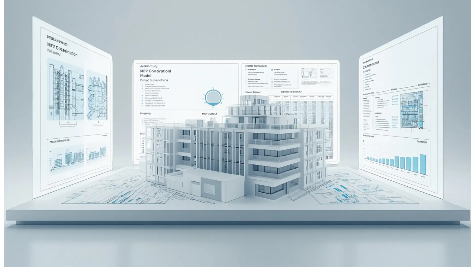 3D architectural building model surrounded by 2D CAD blueprints and MEP coordination project data