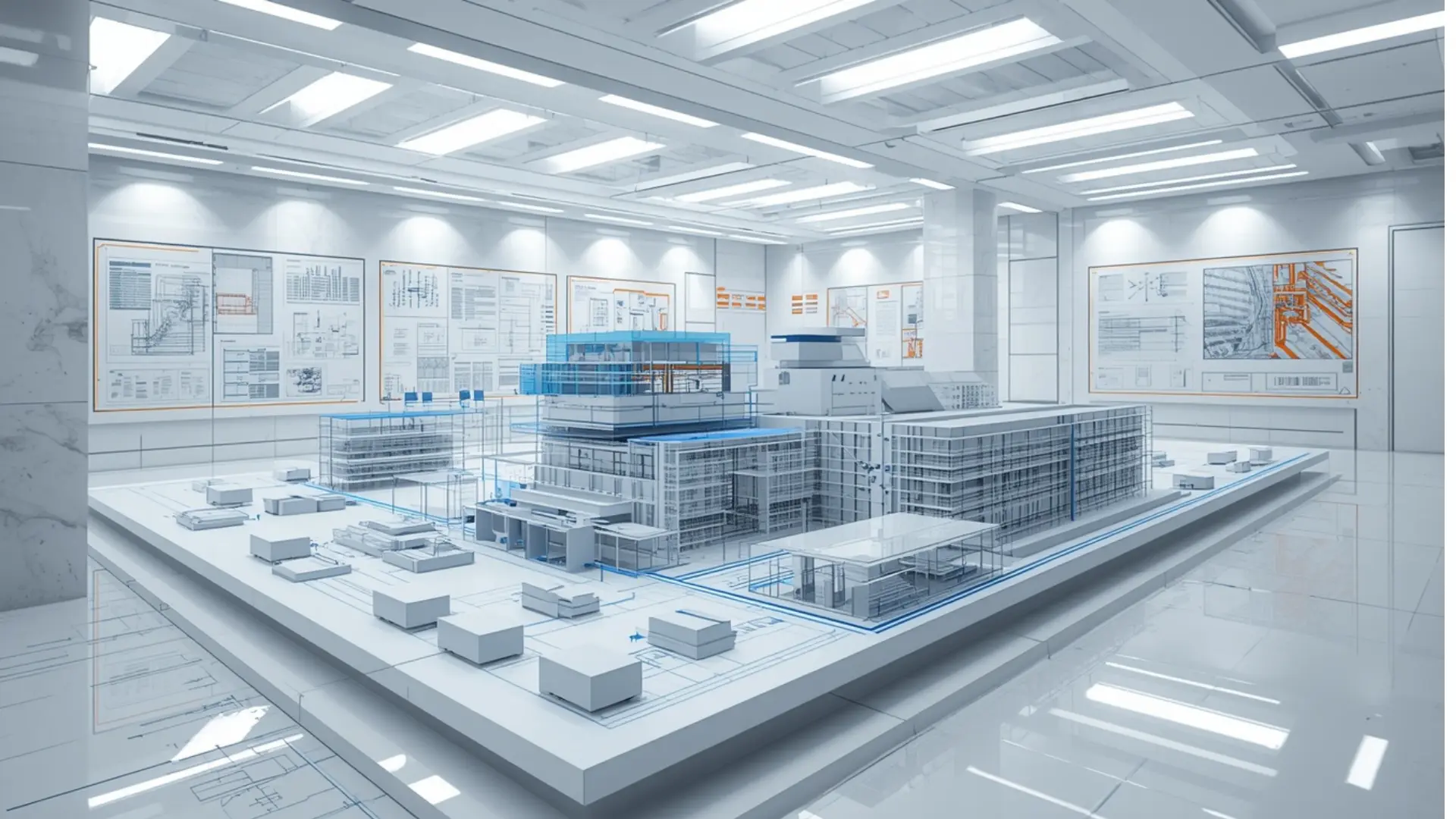 3D architectural BIM wireframe and structural model displayed in a modern engineering lab for case studies