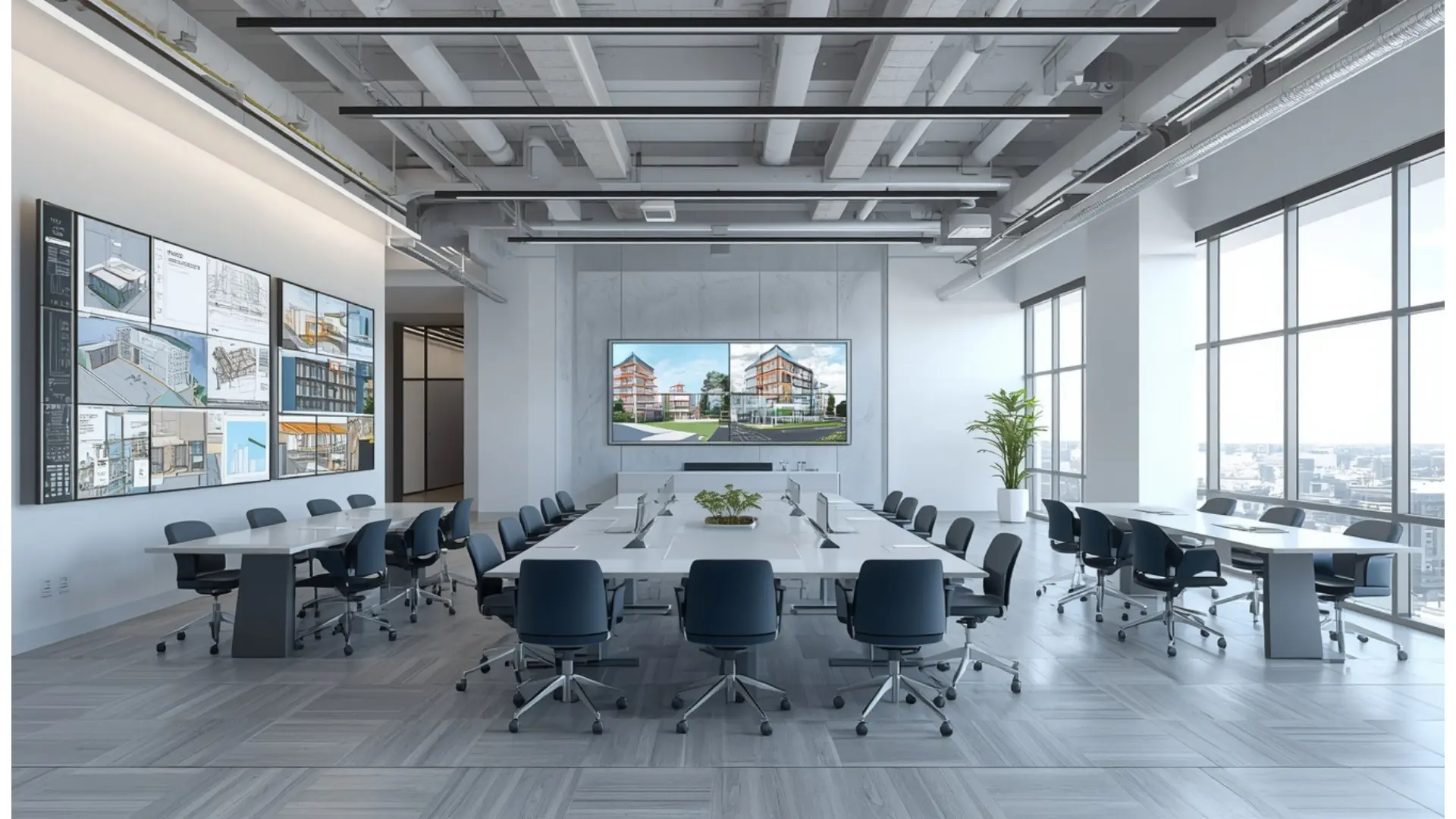 Modern BIM modeling agency conference room displaying architectural 3D models on digital screens