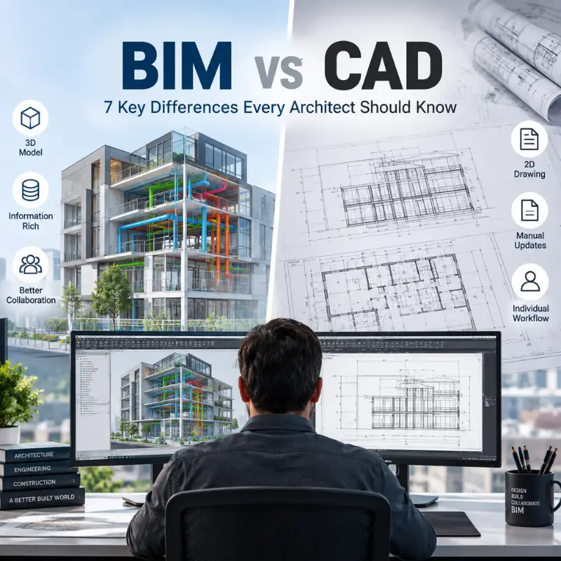 Side-by-side comparison diagram showing BIM model with data intelligence versus CAD 2D drawing with geometry only — illustrating BIM vs CAD differences for architects