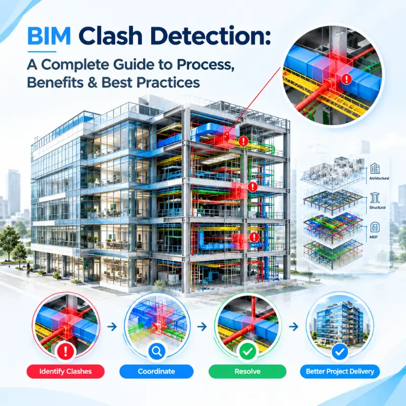 BIM clash detection workflow showing a commercial building model, multi-disciplinary layers, and a four-step process for identifying, coordinating, resolving, and delivering construction projects.