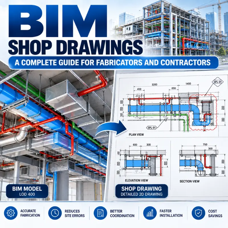 BIM shop drawings showing a Revit LOD 400 MEP model converted into detailed 2D fabrication drawings with dimensions and coordination details.