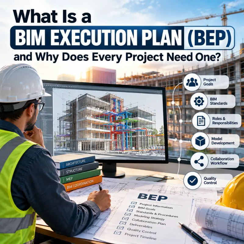 BIM Execution Plan (BEP) showing coordinated building model, project standards, collaboration workflow, and quality control for construction projects.