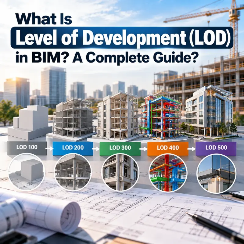 Level of Development (LOD) in BIM explained from LOD 100 to LOD 500 with progressive 3D building models, structural details, MEP systems, and construction visualization.