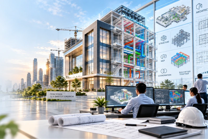 Eminent BIM Services engineers working on multi-disciplinary 3D BIM models integrating architectural, structural, and MEP mechanical ductwork designs.