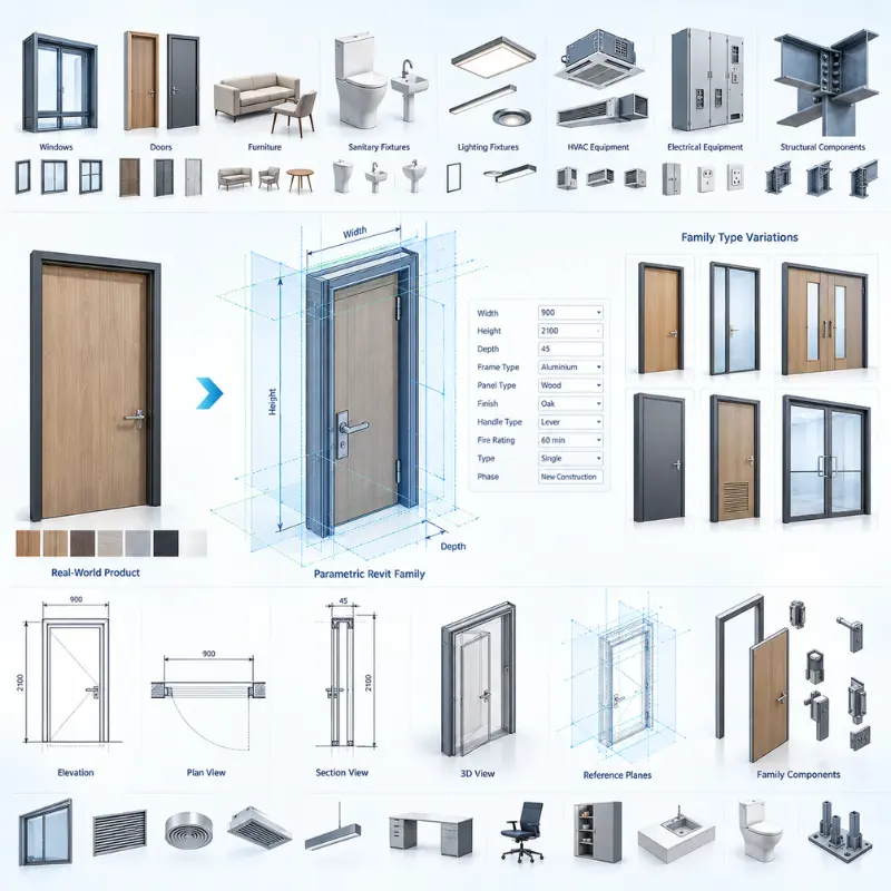 Parametric Revit family creation breakdown showing 3D BIM object dimensions, parameter properties table, family type variations, and multi-category BIM component libraries BIM service