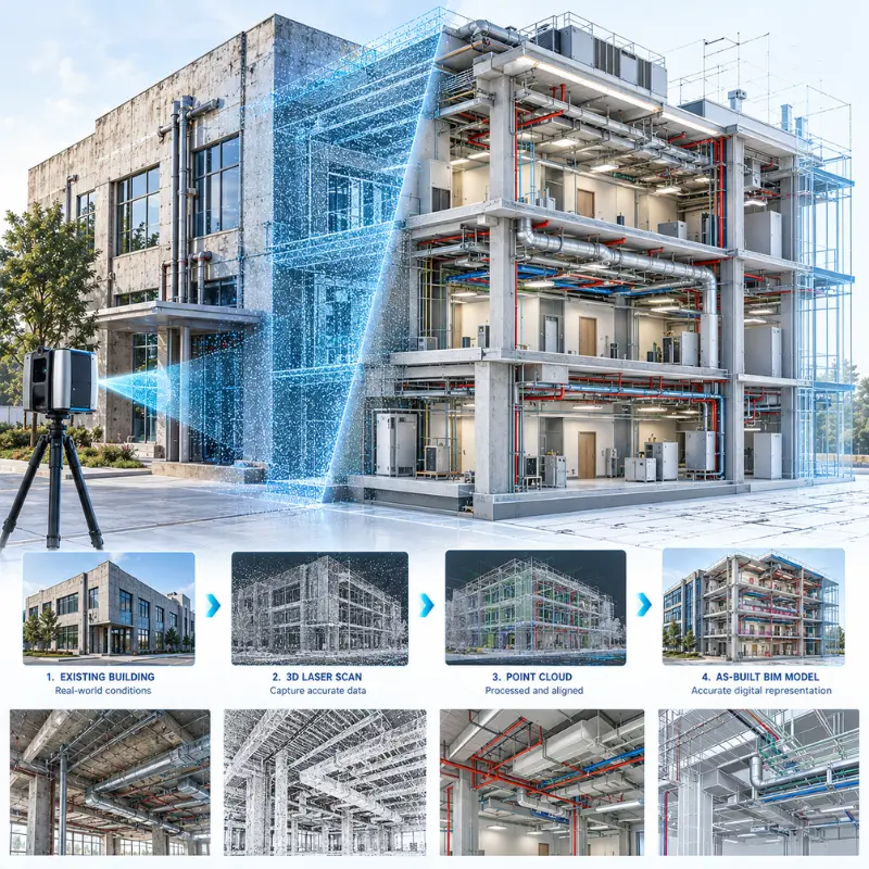 3D As-Built BIM coordination model showing building cross-section with color-coded MEP systems, clash detection layouts, and architectural floor plan blueprints BIM service